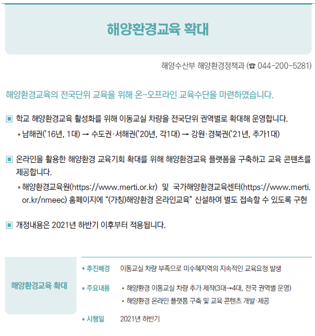 해양환경교육 확대 / 해양환경교육의 전국단위 교육을 위해 온-오프라인 교육수단을 마련하였습니다.