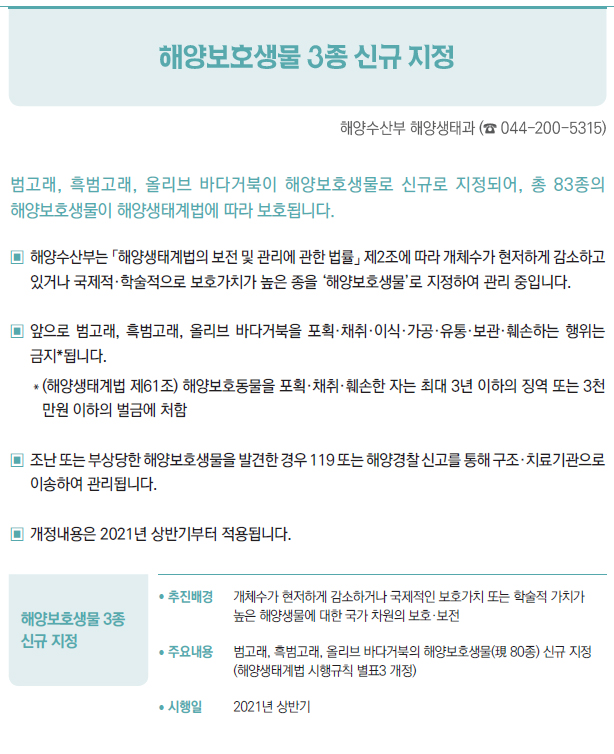 해양보호생물 3종 신규 지정▶/ 추진배경 개체수가 현저하게 감소하거나 국제적인 보호가치 또는 학술적 가치가높은 해양생물에 대한 국가 차원의 보호·보전/ 주요내용 범고래, 흑범고래, 올리브 바다거북의 해양보호생물(現 80종) 신규 지정(해양생태계법 시행규칙 별표3 개정)/ 시행일 2021년 상반기