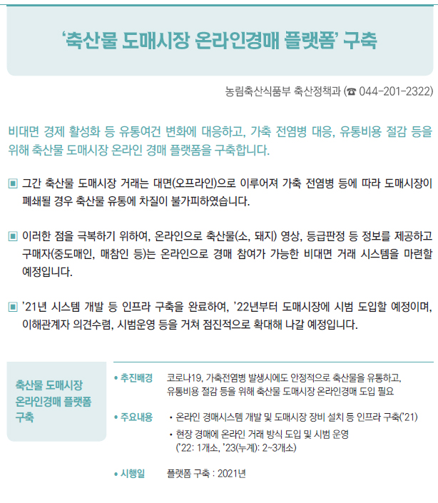 축산물 도매시장 온라인경매 플랫폼 구축▶/ 추진배경 코로나19, 가축전염병 발생시에도 안정적으로 축산물을 유통하고,유통비용 절감 등을 위해 축산물 도매시장 온라인경매 도입 필요/ 주요내용 //온라인 경매시스템 개발 및 도매시장 장비 설치 등 인프라 구축(’21)//현장 경매에 온라인 거래 방식 도입 및 시범 운영(’22: 1개소, ’23(누계): 2~3개소)/ 시행일 플랫폼 구축 : 2021년