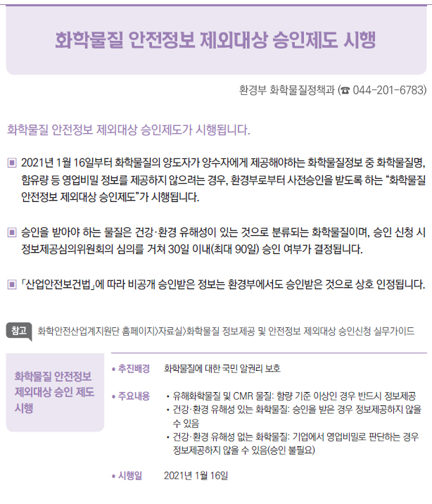 화학물질 안전정보 제외대상 승인 제도 시행▶/ 추진배경 화학물질에 대한 국민 알권리 보호/ 주요내용 //유해화학물질 및 CMR 물질: 함량 기준 이상인 경우 반드시 정보제공//건강·환경 유해성 있는 화학물질: 승인을 받은 경우 정보제공하지 않을수 있음//건강·환경 유해성 없는 화학물질: 기업에서 영업비밀로 판단하는 경우정보제공하지 않을 수 있음(승인 불필요)/ 시행일 2021년 1월 16일