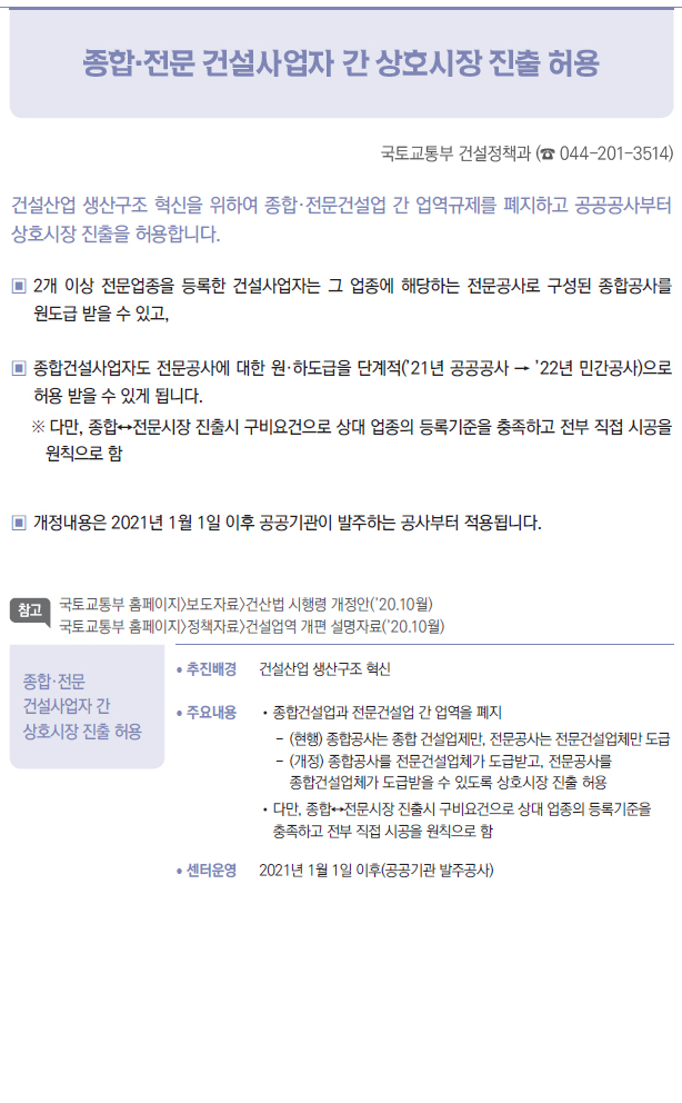 종합·전문 건설사업자 간 상호시장 진출 허용▶/ 추진배경 건설산업 생산구조 혁신/ 주요내용 //종합건설업과 전문건설업 간 업역을 폐지-- (현행) 종합공사는 종합 건설업제만, 전문공사는 전문건설업체만 도급-- (개정) 종합공사를 전문건설업체가 도급받고, 전문공사를 ▣종합건설업체가 도급받을 수 있도록 상호시장 진출 허용//다만, 종합↔전문시장 진출시 구비요건으로 상대 업종의 등록기준을 ▣충족하고 전부 직접 시공을 원칙으로 함/ 센터운영 2021년 1월 1일 이후(공공기관 발주공사)