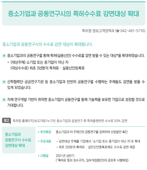 중소기업과 공동연구시 수수료 감면대상 확대▶/ 추진배경 중소기업과 타 주체간의 공동연구를 장려하여 산업발전 촉진/ 주요내용 //감면대상 주체를 기업에서 ‘소기업 또는 중기업이 아닌 자’로 확대//최초 3년분의 특허료 · 실안신안등록료에도 수수료 감면 제공/ 시행일 2021년 상반기(「특허료 등의 징수규칙」 일부개정령(안)의 공포후 시행예정)