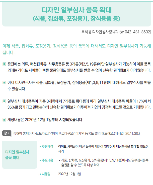 디자인 일부심사 품목 확대▶/ 추진배경 라이프 사이클이 빠른 물품에 대하여 일부심사 대상품목을 확대할 필요성제기/ 주요내용 //식품, 잡화류, 포장용기, 장식용품(제1,3,9,11류)에서도 일부심사등록출원을 할 수 있도록 대상 확대/ 시행일 2020년 12월 1일