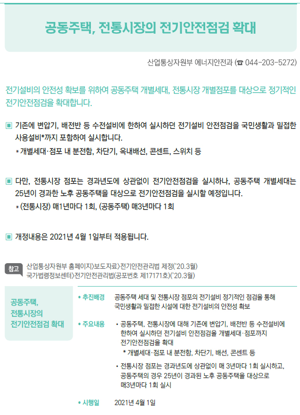 공동주택, 전통시장의 전기안전점검 확대▶/ 추진배경 공동주택 세대 및 전통시장 점포의 전기설비 정기적인 점검을 통해 ▣국민생활과 밀접한 시설에 대한 전기설비의 안전성 확보/ 주요내용 //공동주택, 전통시장에 대해 기존에 변압기, 배전반 등 수전설비에▣한하여 실시하던 전기설비 안전점검을 개별세대·점포까지▣전기안전점검을 확대* 개별세대·점포 내 분전함, 차단기, 배선, 콘센트 등//전통시장 점포는 경과년도에 상관없이 매 3년마다 1회 실시하고,▣공동주택의 경우 25년이 경과된 노후 공동주택을 대상으로 ▣매3년마다 1회 실시/ 시행일 2021년 4월 1일