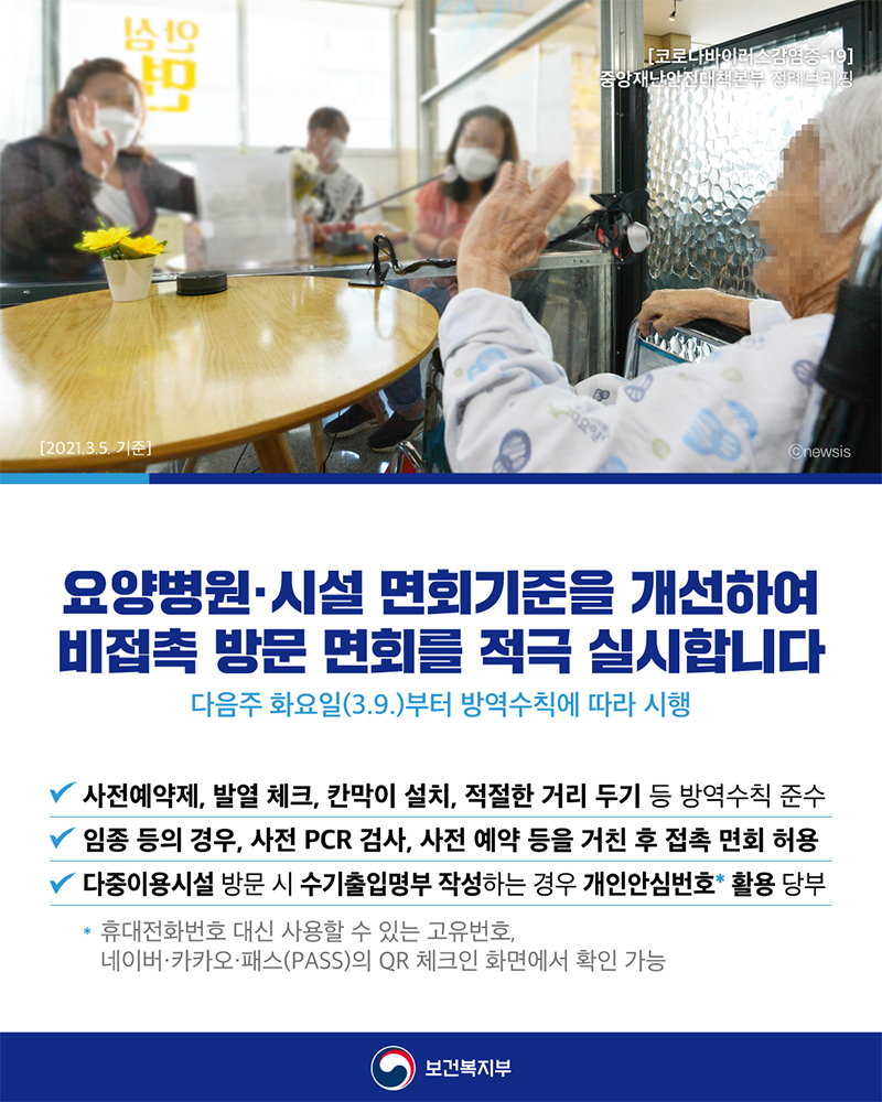 요양병원·시설 면회기준을 개선하여 비접촉 방문 면회를 적극 실시합니다 하단내용 참조