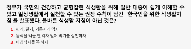 정부가 국민의 건강하고 균형잡힌 식생활을 위해 일반 대중이 쉽게 이해할 수 있고 일상생활에서 실천할 수 있는 권장 수칙이 담긴 '한국인을 위한 식생활지침'을 발표했다. 올바른 식생활 지침이 아닌 것은? 1. 짜게, 달게, 기름지게 먹자 2. 음식을 먹을 땐 각자 덜어 먹기를 실천하자 3. 아침식사를 꼭 하자
