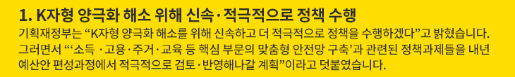1. K자형 양극화 해소 위해 신속·적극적으로 정책 수행 - 기획재정부는 “K자형 양극화 해소를 위해 신속하고 더 적극적으로 정책을 수행하겠다”고 밝혔습니다. 그러면서 “‘소득 ·고용·주거·교육 등 핵심 부문의 맞춤형 안전망 구축’과 관련된 정책과제들을 내년 예산안 편성과정에서 적극적으로 검토·반영해나갈 계획”이라고 덧붙였습니다.