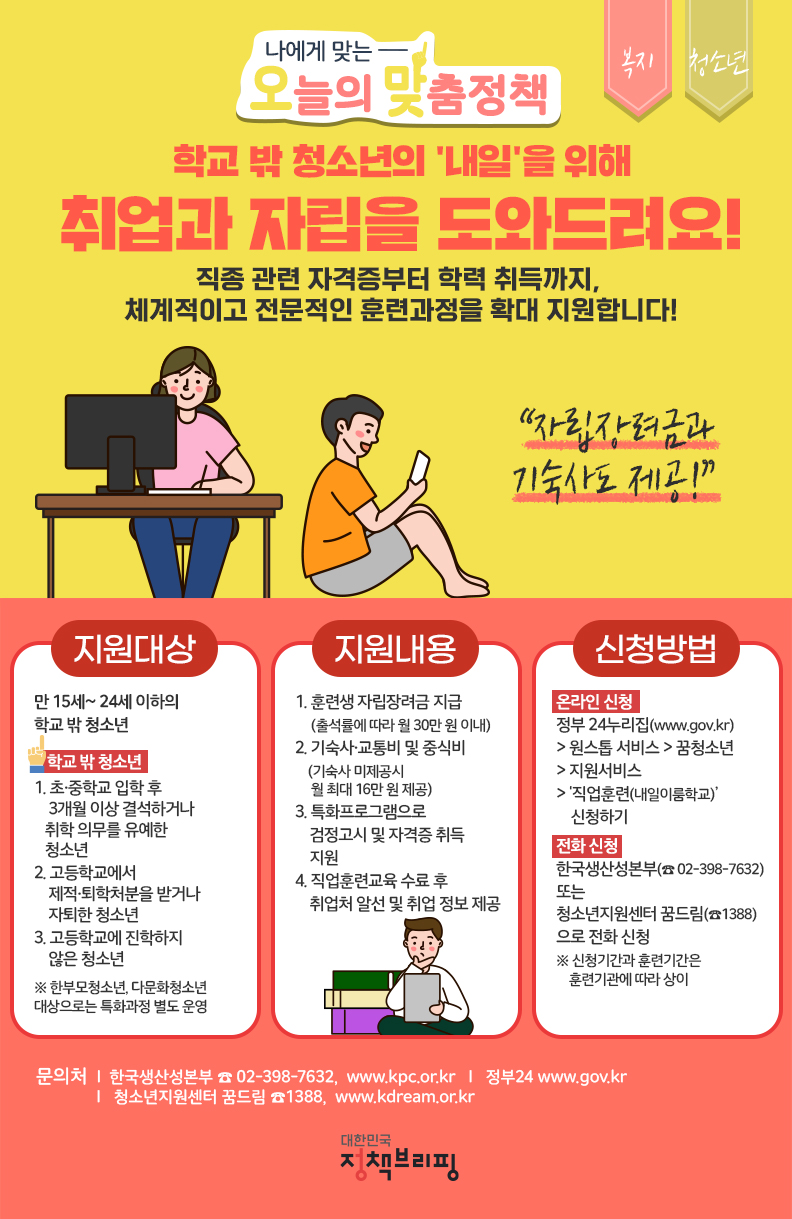 [오맞! 이 정책] 학교 밖 청소년의 ‘내일’을 위해 취업과 자립을 도와드려요! 하단내용 참조