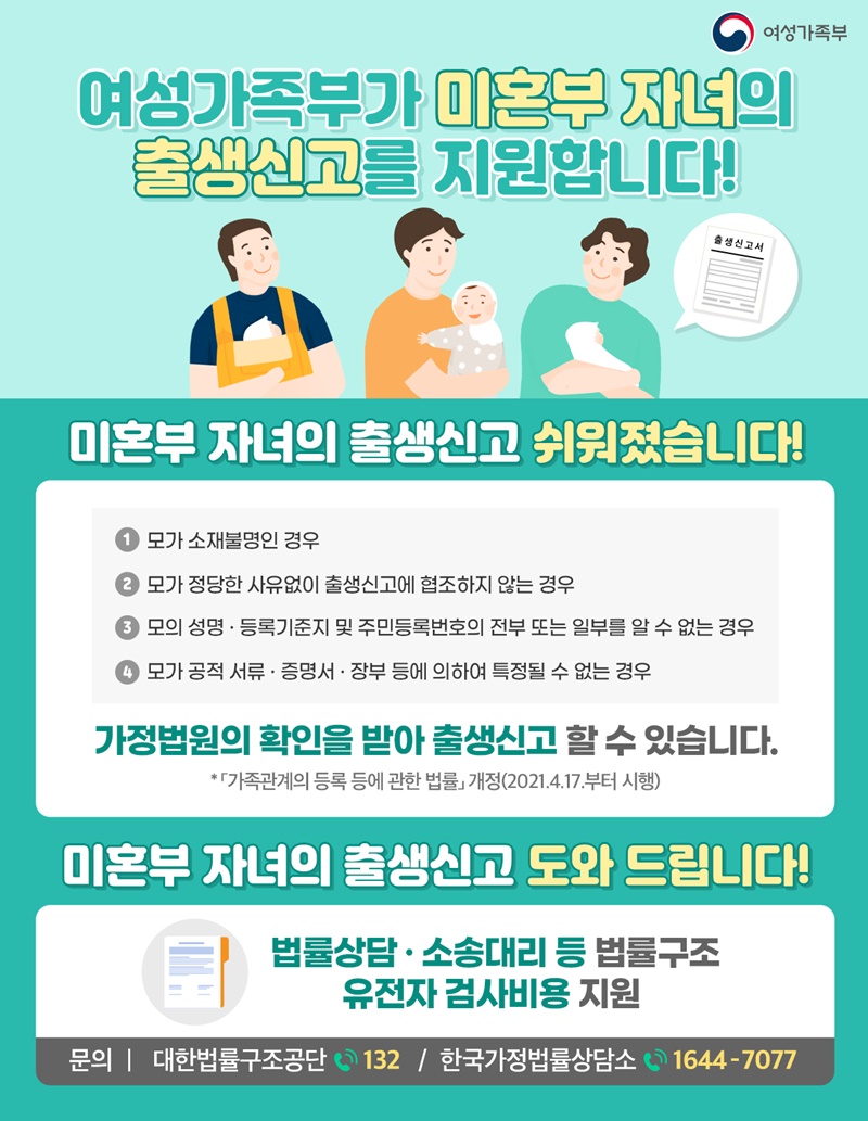 여성가족부가 미혼부 자녀 출생신고를 지원합니다! 하단내용 참조 여성가족부가 미혼부 자녀 출생신고를 지원합니다! 하단내용 참조