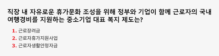 직장 내 자유로운 휴가문화 조성을 위해 정부와 기업이 함께 근로자의 국내 여행경비를 지원하는 중소기업 대표 복지 제도? 1.근로장려금 2.근로자휴가지원사업 3.근로자생활안정자금