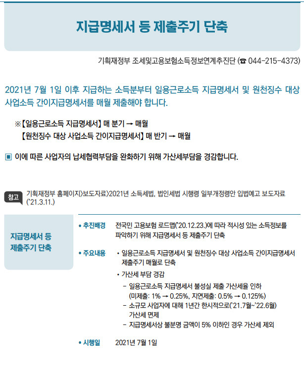 지급명세서 등 제출주기 단축// 추진배경 전국민 고용보험 로드맵(’20.12.23.)에 따라 적시성 있는 소득정보를파악하기 위해 지급명세서 등 제출주기 단축/ 주요내용 //일용근로소득 지급명세서 및 원천징수 대상 사업소득 간이지급명세서제출주기 매월로 단축//가산세 부담 경감--일용근로소득 지급명세서 불성실 제출 가산세율 인하(미제출: 1% → 0.25%, 지연제출: 0.5% → 0.125%)--소규모 사업자에 대해 1년간 한시적으로(’21.7월~’22.6월)가산세 면제--지급명세서상 불분명 금액이 5% 이하인 경우 가산세 제외/ 시행일 2021년 7월 1일