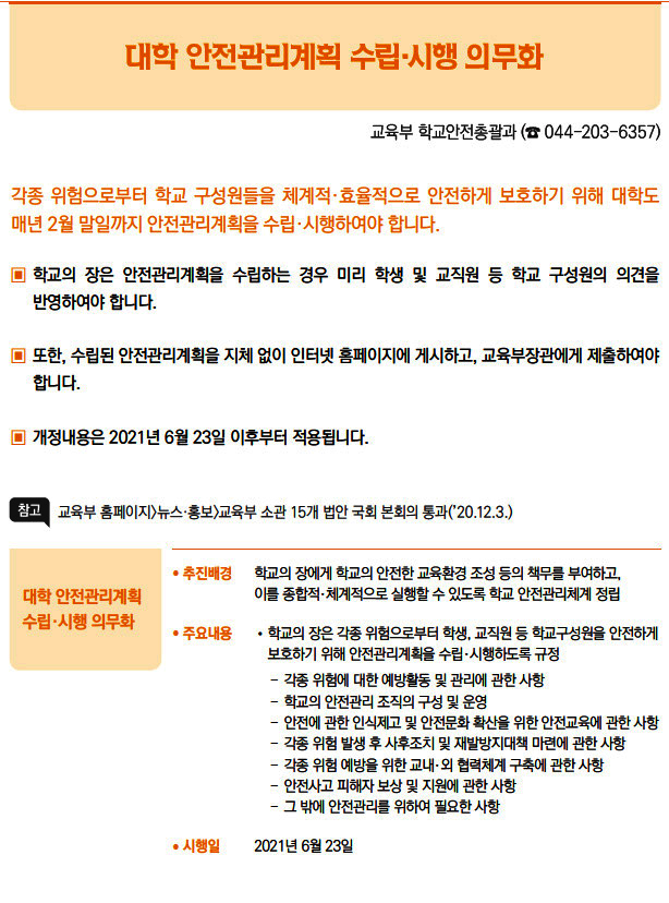 대학 안전관리계획 수립·시행 의무화▶/ 추진배경 학교의 장에게 학교의 안전한 교육환경 조성 등의 책무를 부여하고,이를 종합적·체계적으로 실행할 수 있도록 학교 안전관리체계 정립/ 주요내용 //학교의 장은 각종 위험으로부터 학생, 교직원 등 학교구성원을 안전하게보호하기 위해 안전관리계획을 수립·시행하도록 규정--각종 위험에 대한 예방활동 및 관리에 관한 사항--학교의 안전관리 조직의 구성 및 운영--안전에 관한 인식제고 및 안전문화 확산을 위한 안전교육에 관한 사항--각종 위험 발생 후 사후조치 및 재발방지대책 마련에 관한 사항--각종 위험 예방을 위한 교내·외 협력체계 구축에 관한 사항--안전사고 피해자 보상 및 지원에 관한 사항--그 밖에 안전관리를 위하여 필요한 사항/ 시행일 2021년 6월 23일