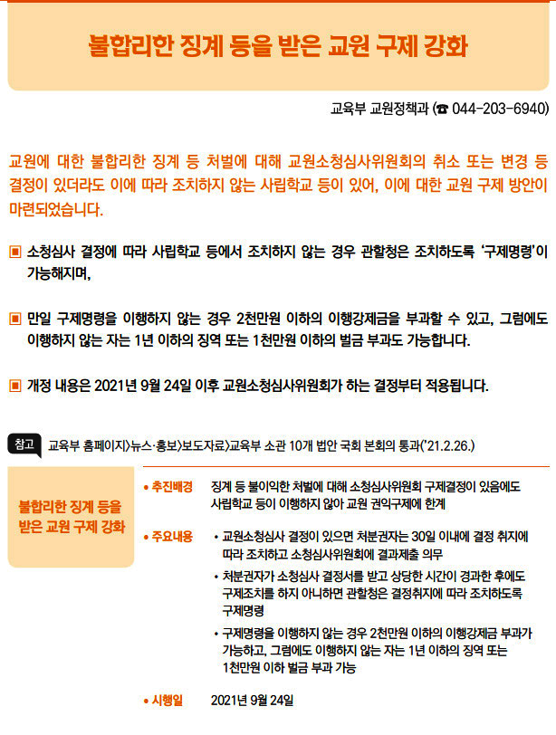 불합리한 징계 등을 받은 교원 구제 강화▶/ 추진배경 징계 등 불이익한 처벌에 대해 소청심사위원회 구제결정이 있음에도사립학교 등이 이행하지 않아 교원 권익구제에 한계/ 주요내용 //교원소청심사 결정이 있으면 처분권자는 30일 이내에 결정 취지에따라 조치하고 소청심사위원회에 결과제출 의무//처분권자가 소청심사 결정서를 받고 상당한 시간이 경과한 후에도구제조치를 하지 아니하면 관할청은 결정취지에 따라 조치하도록구제명령//구제명령을 이행하지 않는 경우 2천만원 이하의 이행강제금 부과가가능하고, 그럼에도 이행하지 않는 자는 1년 이하의 징역 또는1천만원 이하 벌금 부과 가능/ 시행일 2021년 9월 24일