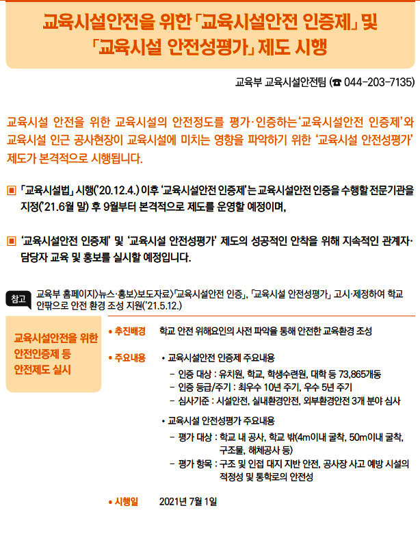 교육시설안전을 위한 안전인증제 등 안전제도 실시▶/ 추진배경 학교 안전 위해요인의 사전 파악을 통해 안전한 교육환경 조성/ 주요내용 //교육시설안전 인증제 주요내용--인증 대상 : 유치원, 학교, 학생수련원, 대학 등 73,865개동--인증 등급/주기 : 최우수 10년 주기, 우수 5년 주기--심사기준 : 시설안전, 실내환경안전, 외부환경안전 3개 분야 심사//교육시설 안전성평가 주요내용--평가 대상 : 학교 내 공사, 학교 밖(4m이내 굴착, 50m이내 굴착,구조물, 해체공사 등)--평가 항목 : 구조 및 인접 대지 지반 안전, 공사장 사고 예방 시설의적정성 및 통학로의 안전성/ 시행일 2021년 7월 1일