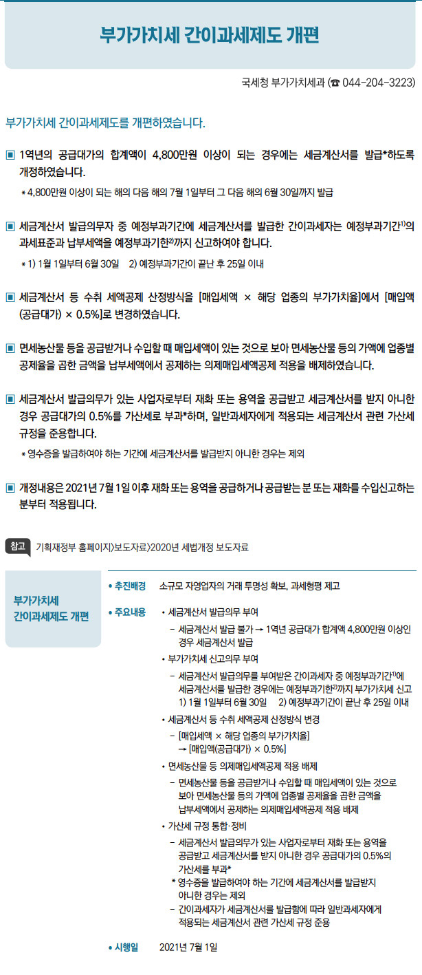 부가가치세 간이과세제도 개편// 추진배경 소규모 자영업자의 거래 투명성 확보, 과세형평 제고/ 주요내용 //세금계산서 발급의무 부여--세금계산서 발급 불가 → 1역년 공급대가 합계액 4,800만원 이상인경우 세금계산서 발급//부가가치세 신고의무 부여--세금계산서 발급의무를 부여받은 간이과세자 중 예정부과기간1)에세금계산서를 발급한 경우에는 예정부과기한2)까지 부가가치세 신고1) 1월 1일부터 6월 30일 2) 예정부과기간이 끝난 후 25일 이내/ 시행일 2021년 7월 1일