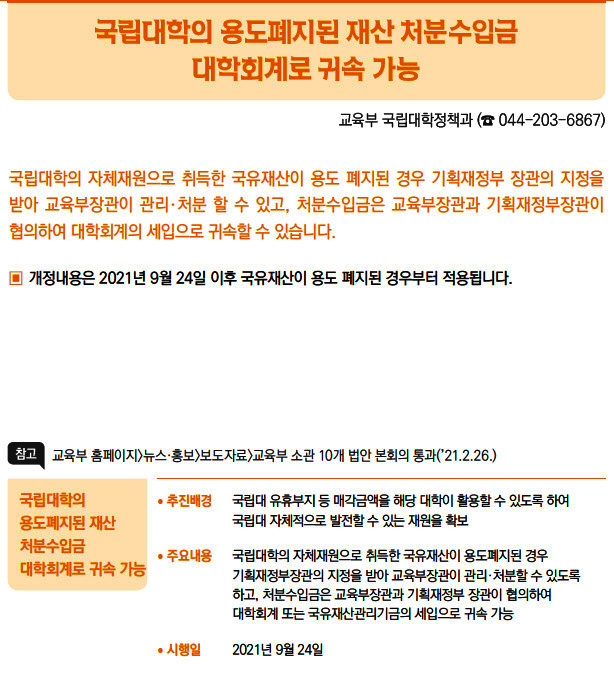 국립대학의 용도폐지된 재산 처분수입금 대학회계로 귀속 가능▶/ 추진배경 국립대 유휴부지 등 매각금액을 해당 대학이 활용할 수 있도록 하여국립대 자체적으로 발전할 수 있는 재원을 확보/ 주요내용 국립대학의 자체재원으로 취득한 국유재산이 용도폐지된 경우기획재정부장관의 지정을 받아 교육부장관이 관리·처분할 수 있도록하고, 처분수입금은 교육부장관과 기획재정부 장관이 협의하여대학회계 또는 국유재산관리기금의 세입으로 귀속 가능/ 시행일 2021년 9월 24일