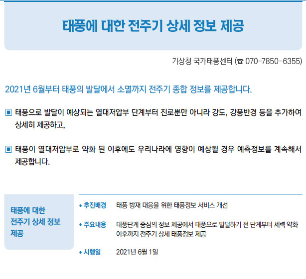 태풍에 대한 전주기 상세 정보 제공// 추진배경 태풍 방재 대응을 위한 태풍정보 서비스 개선/ 주요내용 태풍단계 중심의 정보 제공에서 태풍으로 발달하기 전 단계부터 세력 약화이후까지 전주기 상세 태풍정보 제공/ 시행일 2021년 6월 1일