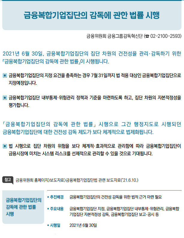 금융복합기업집단의 감독에 관한 법률 시행// 추진배경 금융복합기업집단의 건전성 감독을 위한 법적 근거 마련 필요/ 주요내용 금융복합기업집단 지정, 금융복합기업집단 내부통제·위험관리, 금융복합기업집단 자본적정성 감독, 금융복합기업집단 보고·공시 등/ 시행일 2021년 6월 30일