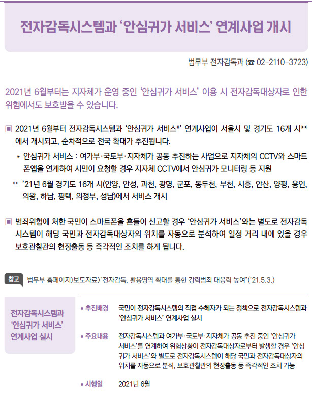 전자감독시스템과 ‘안심귀가 서비스’ 연계사업 실시▶/ 추진배경 국민이 전자감독시스템의 직접 수혜자가 되는 정책으로 전자감독시스템과‘안심귀가 서비스’ 연계사업 실시/ 주요내용 전자감독시스템과 여가부·국토부·지자체가 공동 추진 중인 ‘안심귀가서비스’를 연계하여 위험상황이 전자감독대상자로부터 발생할 경우 ‘안심귀가 서비스’와 별도로 전자감독시스템이 해당 국민과 전자감독대상자의위치를 자동으로 분석, 보호관찰관의 현장출동 등 즉각적인 조치 가능/ 시행일 2021년 6월