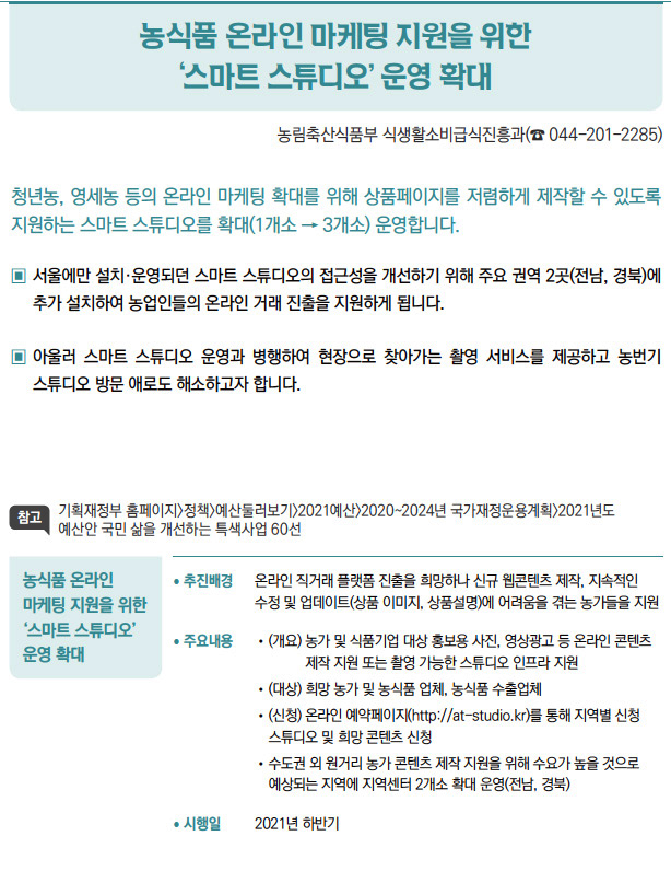 농식품 온라인 마케팅 지원을 위한 ‘스마트 스튜디오’ 운영 확대▶/ 추진배경 온라인 직거래 플랫폼 진출을 희망하나 신규 웹콘텐츠 제작, 지속적인수정 및 업데이트(상품 이미지, 상품설명)에 어려움을 겪는 농가들을 지원/ 주요내용 / (개요) 농 가 및 식품기업 대상 홍보용 사진, 영상광고 등 온라인 콘텐츠제작 지원 또는 촬영 가능한 스튜디오 인프라 지원/ (대상) 희망 농가 및 농식품 업체, 농식품 수출업체/ (신청) 온라인 예약페이지(http://at-studio.kr)를 통해 지역별 신청스튜디오 및 희망 콘텐츠 신청/ 수도권 외 원거리 농가 콘텐츠 제작 지원을 위해 수요가 높을 것으로예상되는 지역에 지역센터 2개소 확대 운영(전남, 경북)/ 시행일 2021년 하반기