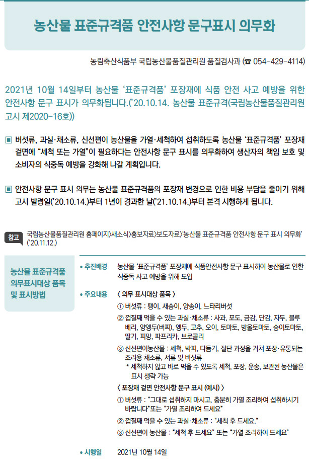 농산물 표준규격품 의무표시대상 품목 및 표시방법▶/ 추진배경 농산물 ‘표준규격품’ 포장재에 식품안전사항 문구 표시하여 농산물로 인한식중독 사고 예방을 위해 도입/ 주요내용 < 의무 표시대상 품목 >① 버섯류 : 팽이, 새송이, 양송이, 느타리버섯② 껍질째 먹을 수 있는 과실·채소류 : 사과, 포도, 금감, 단감, 자두, 블루베리, 양앵두(버찌), 앵두, 고추, 오이, 토마토, 방울토마토, 송이토마토,딸기, 피망, 파프리카, 브로콜리③ 신선편이농산물 : 세척, 박피, 다듬기, 절단 과정을 거쳐 포장·유통되는조리용 채소류, 서류 및 버섯류* 세척하지 않고 바로 먹을 수 있도록 세척, 포장, 운송, 보관된 농산물은표시 생략 가능< 포장재 겉면 안전사항 문구 표시 (예시) >① 버섯류 : “그대로 섭취하지 마시고, 충분히 가열 조리하여 섭취하시기바랍니다”또는 “가열 조리하여 드세요”② 껍질째 먹을 수 있는 과실·채소류 : “세척 후 드세요.”③ 신선편이 농산물 : “세척 후 드세요” 또는 “가열 조리하여 드세요”/ 시행일 2021년 10월 14일