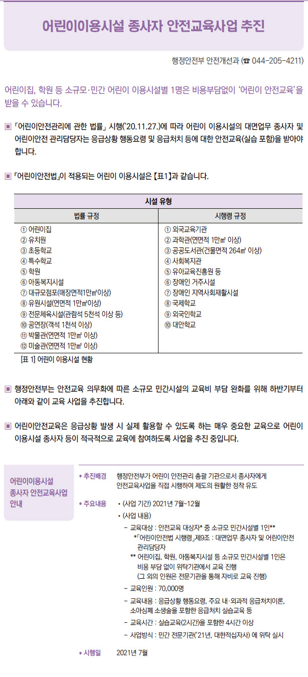 어린이이용시설 종사자 안전교육사업 안내▶/ 추진배경 행정안전부가 어린이 안전관리 총괄 기관으로서 종사자에게안전교육사업을 직접 시행하여 제도의 원활한 정착 유도/ 주요내용 / (사업 기간) 2021년 7월~12월/ (사업 내용)- 교육대상 : 안전교육 대상자* 중 소규모 민간시설별 1인***「어린이안전법 시행령」제9조 : 대면업무 종사자 및 어린이안전관리담당자** 어린이집, 학원, 아동복지시설 등 소규모 민간시설별 1인은비용 부담 없이 위탁기관에서 교육 진행(그 외의 인원은 전문기관을 통해 자비로 교육 진행)- 교육인원 : 70,000명- 교육내용 : 응급상황 행동요령, 주요 내·외과적 응급처치이론,소아심폐 소생술을 포함한 응급처치 실습교육 등- 교육시간 : 실습교육(2시간)을 포함한 4시간 이상- 사업방식 : 민간 전문기관(’21년, 대한적십자사) 에 위탁 실시/ 시행일 2021년 7월