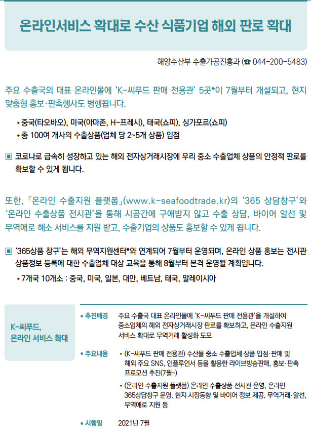 K-씨푸드, 온라인 서비스 확대▶/ 추진배경 주요 수출국 대표 온라인몰에 ‘K-씨푸드 판매 전용관’을 개설하여중소업체의 해외 전자상거래시장 판로를 확보하고, 온라인 수출지원서비스 확대로 무역거래 활성화 도모/ 주요내용 / (K-씨푸드 판매 전용관) 수산물 중소 수출업체 상품 입점·판매 및해외 주요 SNS, 인플루언서 등을 활용한 라이브방송판매, 홍보·판촉프로모션 추진(7월~)/ (온라인 수출지원 플랫폼) 온라인 수출상품 전시관 운영, 온라인365상담창구 운영, 현지 시장동향 및 바이어 정보 제공, 무역거래·알선,무역애로 지원 등/ 시행일 2021년 7월