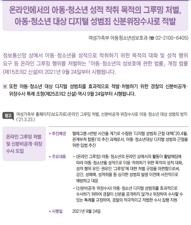 온라인 그루밍 처벌 및 신분비공개·위장 수사 도입▶/ 추진배경 텔레그램 n번방 사건을 계기로 수립된 ‘디지털 성범죄 근절 대책(’20.4월,관계부처 합동)’의 추진 과제로서, 아동·청소년대상 디지털 성범죄 근절을위한 입법 추진/ 주요내용 / (온라인 그루밍) 아동·청소년의 온라인 상에서의 활동이 활발해짐에따라 아동·청소년을 성적으로 이용·착취하기 위한 목적의 성적 대화,성적 행위 유인·권유인 ‘그루밍’에 대한 처벌 규정을 마련함으로써,강간, 성매매, 성착취물 등 심각한 성범죄 발생 이전에 사전적으로예방하고 대응/ (신분비공개·위장수사) 아동·청소년 디지털 성범죄를 효과적으로수사하기 위하여 경찰이 신분을 공개하지 않거나 위장하여 수사할 수있는 특례를 규정하여, 경찰의 적극적이고 적법한 수사 집행 지원/ 시행일 2021년 9월 24일