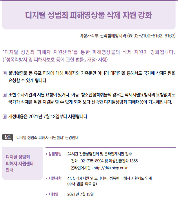 디지털 성범죄 피해자 지원센터 안내▶/ 상담방법 24시간 긴급상담전화 및 온라인게시판 접수/ 전화 : 02-735-8994 및 여성긴급전화 1366/ 온라인게시판 : http://d4u.stop.or.kr/ 지원사항 상담, 삭제지원 및 모니터링, 성폭력 피해자 지원제도 연계(수사·법률·의료 등)/ 시행일 2021년 7월 13일