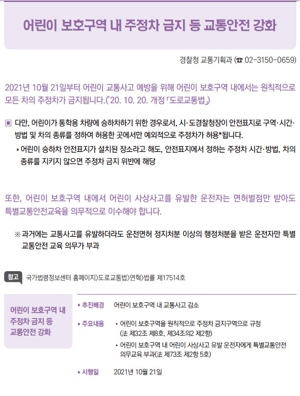 어린이 보호구역 내 주정차 금지 등 교통안전 강화▶/ 추진배경 어린이 보호구역 내 교통사고 감소/ 주요내용 / 어린이 보호구역을 원칙적으로 주정차 금지구역으로 규정(法 제32조 제8호, 제34조의2 제2항)/ 어린이 보호구역 내 어린이 사상사고 유발 운전자에게 특별교통안전의무교육 부과(法 제73조 제2항 5호)/ 시행일 2021년 10월 21일