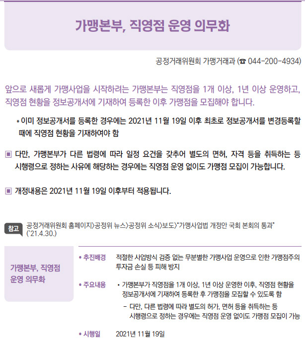 가맹본부, 직영점 운영의무화/ 추진배경-적절한 사업방식 검증 없는 무분별한 가맹사업 운영으로 인한 가맹점주의 투자금 손실 등 피해 방지/ 주요내용- 가맹본부가 직영점을 1개 이상, 1년이상 운영한 이후, 직영점 현황을 정보공개서에 기재하여 등록한 후 가맹점을 모집할 수 있도록 함. 다만, 다른법령에 따라 별도의 허가, 면허 등을 취득하는 등 시행령으로 정하는 경우에는 직영점 운영 없이도 가맹점 모집이 가능/ 시행일- 2021년 11월 19일