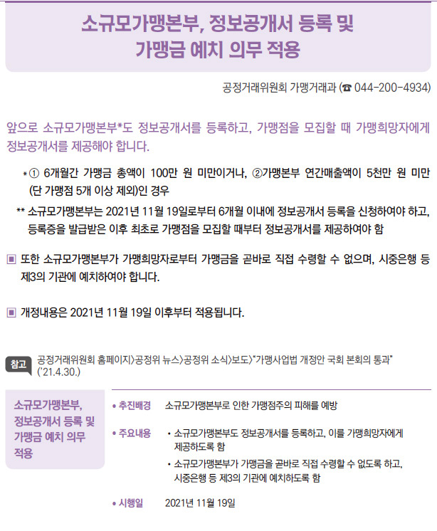 소규모가맹본부, 정보공개서 등록 및 가맹금 예치 의무 적용▶/ 추진배경 소규모가맹본부로 인한 가맹점주의 피해를 예방/ 주요내용 / 소규모가맹본부도 정보공개서를 등록하고, 이를 가맹희망자에게제공하도록 함/ 소규모가맹본부가 가맹금을 곧바로 직접 수령할 수 없도록 하고,시중은행 등 제3의 기관에 예치하도록 함/ 시행일 2021년 11월 19일