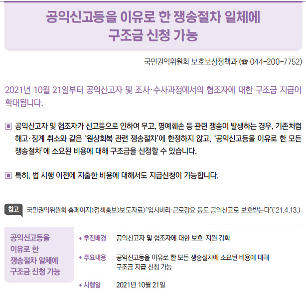 공익신고등을 이유로 한 쟁송절차 일체에 구조금 신청 가능▶/ 추진배경 공익신고자 및 협조자에 대한 보호·지원 강화/ 주요내용 공익신고등을 이유로 한 모든 쟁송절차에 소요된 비용에 대해구조금 지급 신청 가능/ 시행일 2021년 10월 21일