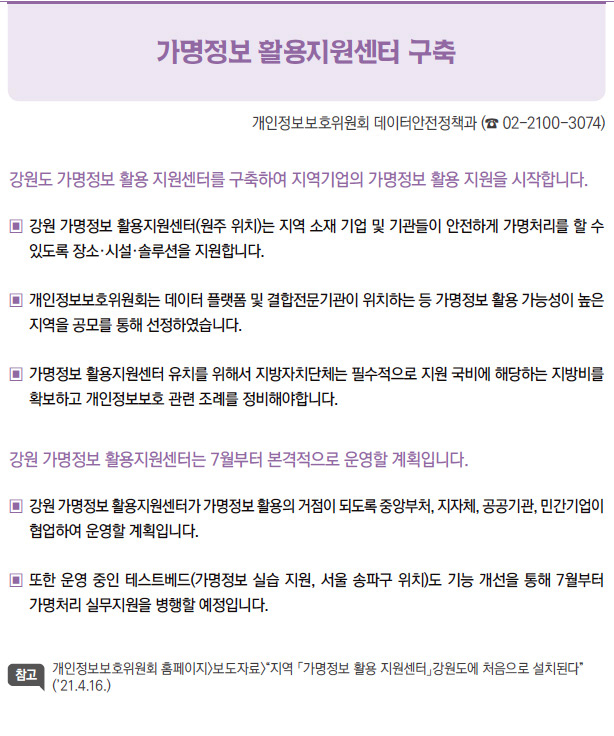 가명정보 활용지원센터 구축▶강원도 가명정보 활용 지원센터를 구축하여 지역기업의 가명정보 활용 지원을 시작합니다.▣ 강원 가명정보 활용지원센터(원주 위치)는 지역 소재 기업 및 기관들이 안전하게 가명처리를 할 수있도록 장소·시설·솔루션을 지원합니다.▣ 개인정보보호위원회는 데이터 플랫폼 및 결합전문기관이 위치하는 등 가명정보 활용 가능성이 높은지역을 공모를 통해 선정하였습니다.▣ 가명정보 활용지원센터 유치를 위해서 지방자치단체는 필수적으로 지원 국비에 해당하는 지방비를확보하고 개인정보보호 관련 조례를 정비해야합니다.