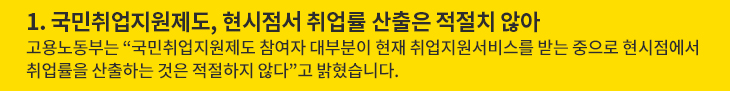 1. 국민취업지원제도, 현시점서 취업률 산출은 적절치 않아 - 고용노동부는 “국민취업지원제도 참여자 대부분이 현재 취업지원서비스를 받는 중으로 현시점에서 취업률을 산출하는 것은 적절하지 않다”고 밝혔습니다.