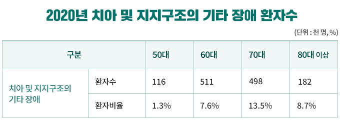 2020년 치아 및 지지구조의 기타 장애 환자수 표