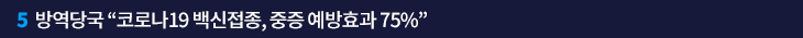 5. 방역당국 “코로나19 백신접종, 중증 예방효과 75%”