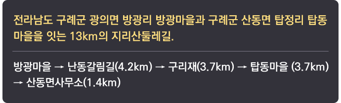 전라남도 구례군 광의면 방광리 방광마을과 구례군 산동면 탑정리 탑동 마을을 잇는 13km의 지리산둘레길. 방광마을 → 난동갈림길(4.2km) → 구리재(3.7km) → 탑동마을 (3.7km) → 산동면사무소(1.4km)