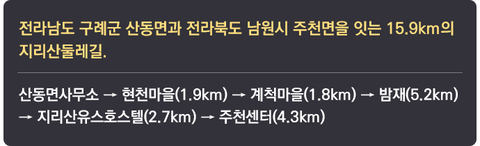 전라남도 구례군 산동면과 전라북도 남원시 주천면을 잇는 15.9km의 지리산둘레길. 산동면사무소 → 현천마을(1.9km) → 계척마을(1.8km) → 밤재(5.2km) → 지리산유스호스텔(2.7km) → 주천센터(4.3km)