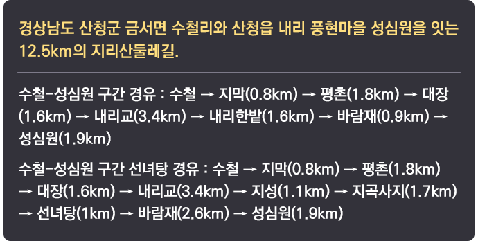 경상남도 산청군 금서면 수철리와 산청읍 내리 풍현마을 성심원을 잇는 12.5km의 지리산둘레길. 수철-성심원 구간 경유 : 수철 → 지막(0.8km) → 평촌(1.8km) → 대장(1.6km) → 내리교(3.4km) → 내리한밭(1.6km) → 바람재(0.9km) → 성심원(1.9km) 수철-성심원 구간 선녀탕 경유 : 수철 → 지막(0.8km) → 평촌(1.8km) → 대장(1.6km) → 내리교(3.4km) → 지성(1.1km) → 지곡사지(1.7km) → 선녀탕(1km) → 바람재(2.6km) → 성심원(1.9km)