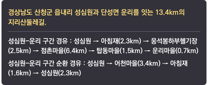 경상남도 산청군 읍내리 성심원과 단성면 운리를 잇는 13.4km의 지리산둘레길. 성심원-운리 구간 경유 : 성심원 → 아침재(2.3km) → 웅석봉하부헬기장(2.5km) → 점촌마을(6.4km) → 탑동마을(1.5km) → 운리마을(0.7km) 성심원-운리 구간 순환 경유 : 성심원 → 어천마을(3.4km) → 아침재(1.6km) → 성심원(2.3km)