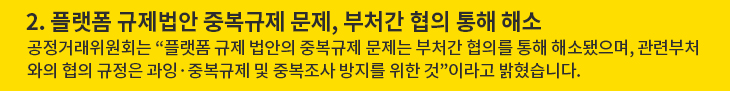 2. 플랫폼 규제법안 중복규제 문제, 부처간 협의 통해 해소 - 공정거래위원회는 “플랫폼 규제 법안의 중복규제 문제는 부처간 협의를 통해 해소됐으며, 관련부처와의 협의 규정은 과잉·중복규제 및 중복조사 방지를 위한 것”이라고 밝혔습니다.