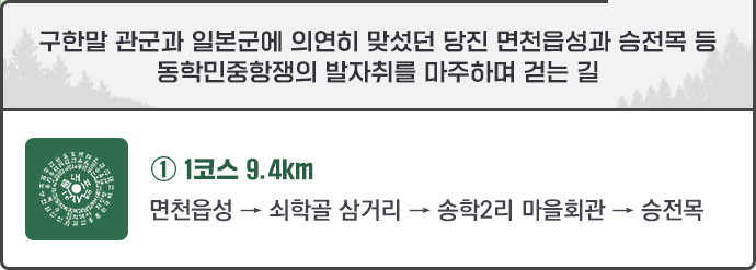 구한말 관군과 일본군에 의연히 맞섰던 당진 면천읍성과 승전목 등 동학민중항쟁의 발자취를 마주하며 걷는 길입니다. ① 1코스 9.4km : 면천읍성 → 쇠학골 삼거리 → 송학2리 마을회관 → 승전목