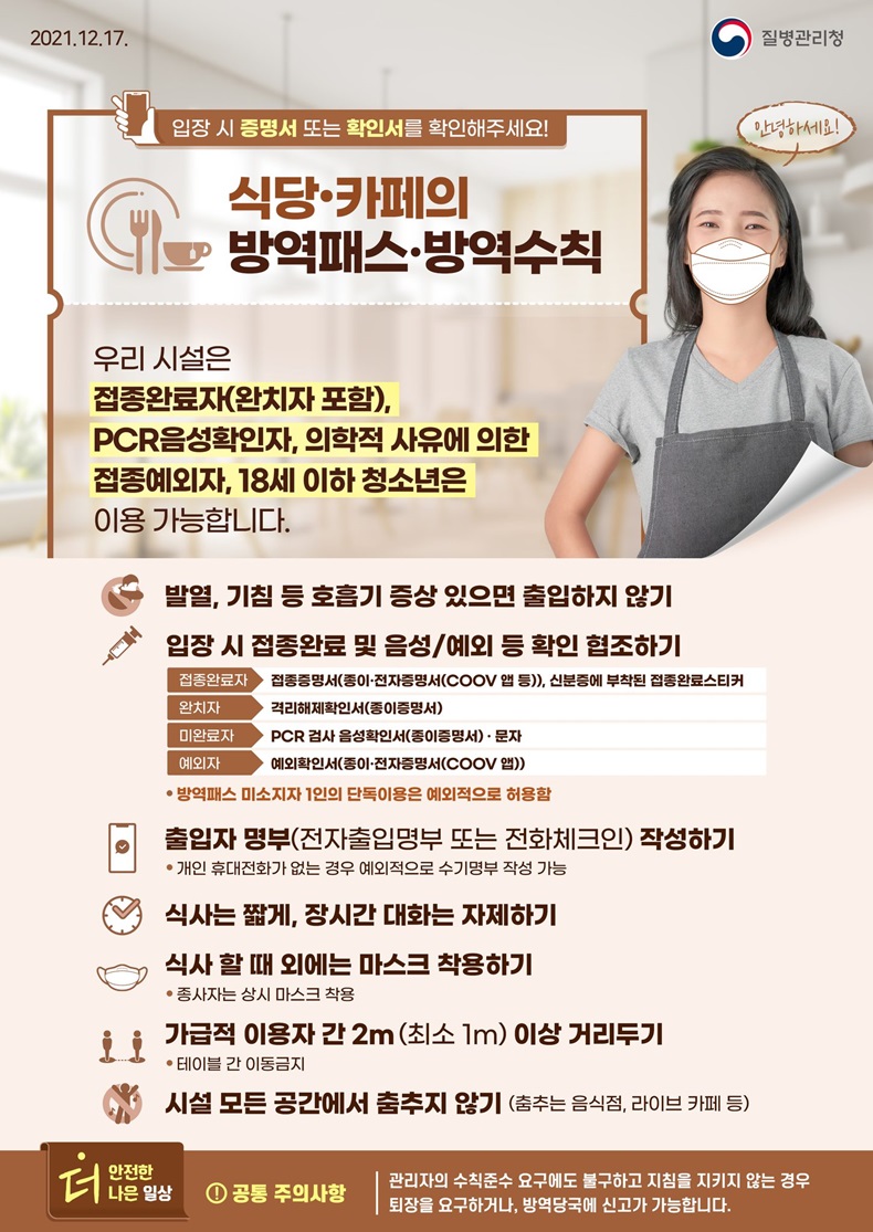 식당·카페의 방역패스·방역수칙 식당·카페의 방역패스·방역수칙. 하단내용 참조