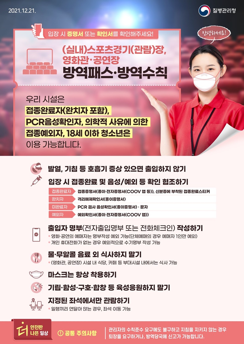 (실내)스포츠경기(관람)장·영화관·공연장 방역패스·방역수칙 (실내)스포츠경기(관람)장·영화관·공연장 방역패스·방역수칙. 하단내용 참조
