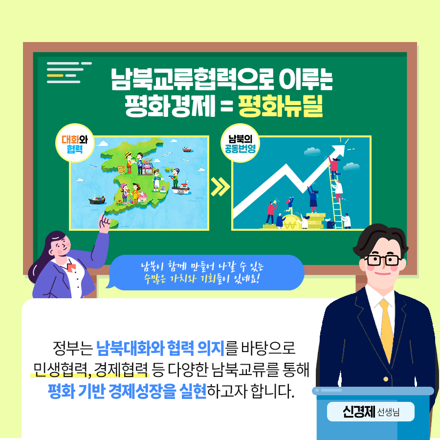 남북교류협력으로 이루는 평화경제=평화뉴딜 대화와 협력》남북의 공동번영 남북이 함게 만들어 나갈 수 있는 수많은 가치와 기회들이 있네요! 정부는 남북대화와 협력 의지를 바탕으로 민생협력, 경제협력 등 다양한 남북교류를 통해 평화 기반 경제성장을 실현하고자 합니다. 신경제 선생님