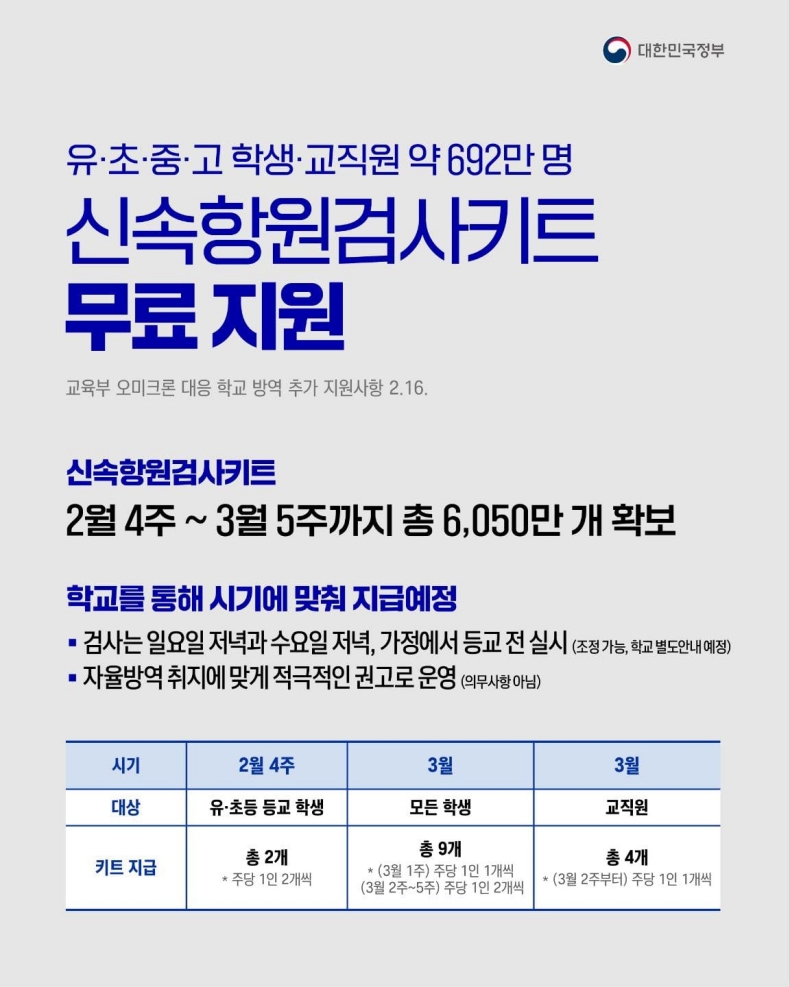 학생 및 교직원을 대상으로 신속항원검사키트를 무료 지원합니다! 학생 및 교직원을 대상으로 신속항원검사키트를 무료 지원합니다!