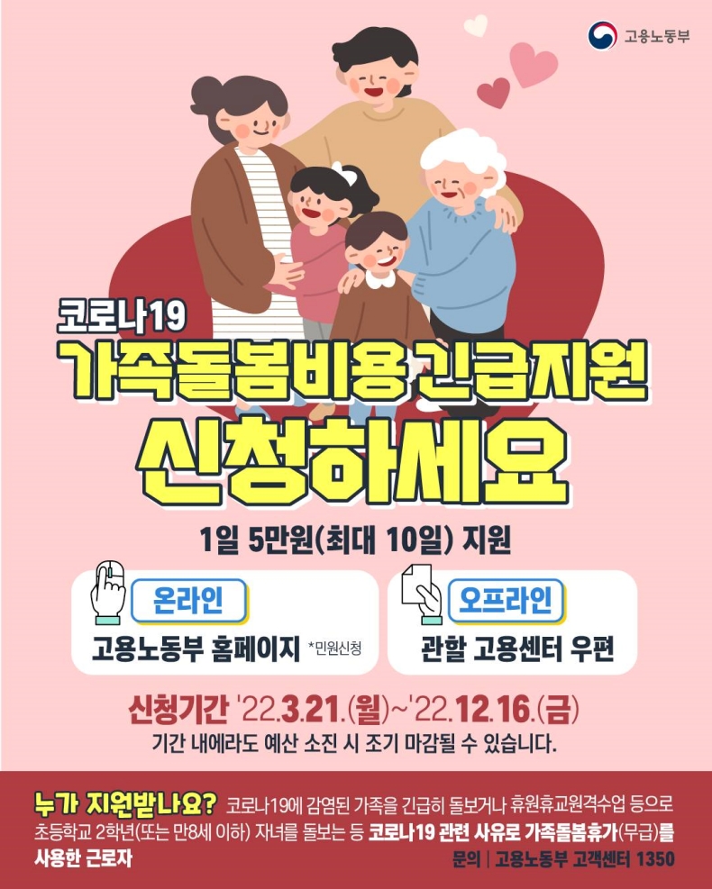 최대 10일 간 하루 5만원 지원…‘코로나19 가족돌봄비용 긴급지원’