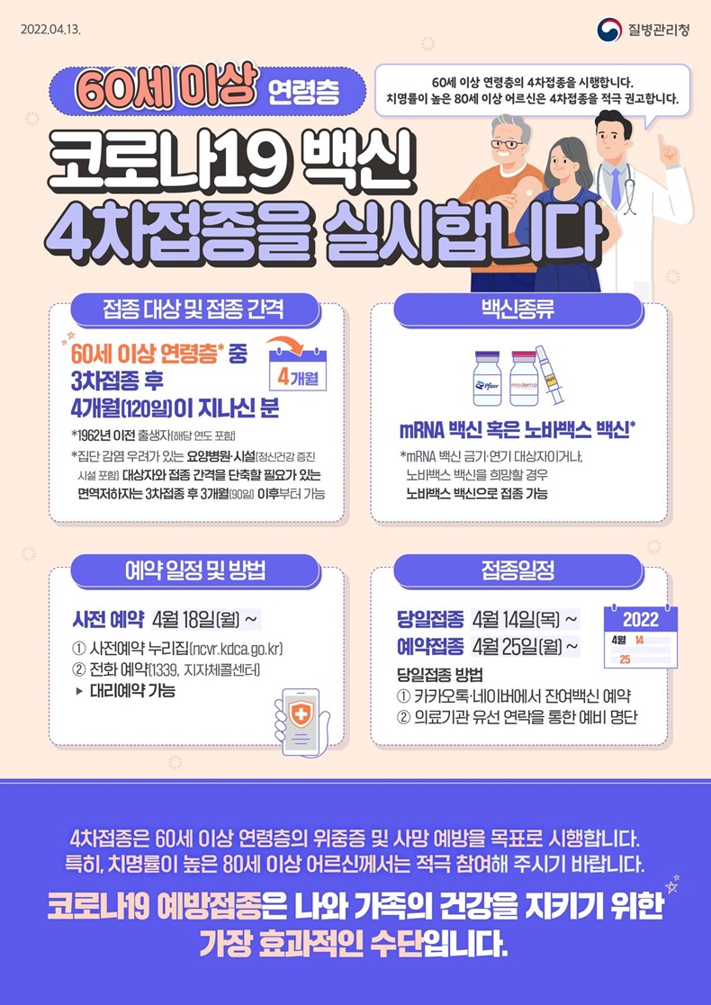 60세 이상 연령층 코로나19 백신 4차 접종을 실시합니다. 60세 이상 연령층 코로나19 백신 4차 접종을 실시합니다.
