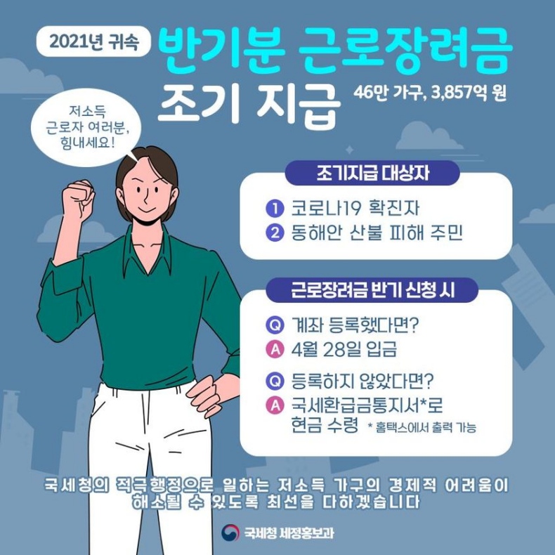 코로나19 확진자와 특별재난지역 주민대상으로 근로장려금을 조기 지급 (21년 귀속)-하단내용참조